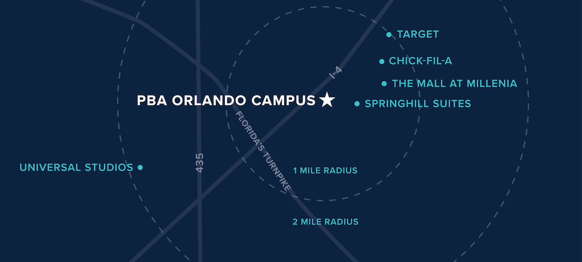 map showing the location of the PBA Orlando Campus